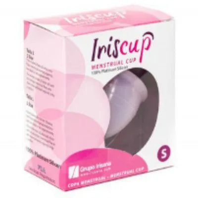 Coupe menstruelle en silicone chirurgical, couleur blanche, dans une boîte rose avec fenêtre transparente, taille S.