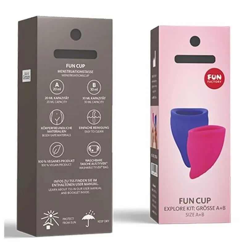 Coupe menstruelle silicone rose et bleue, écologique, pour flux abondant, avec sac antimicrobien, emballage moderne.