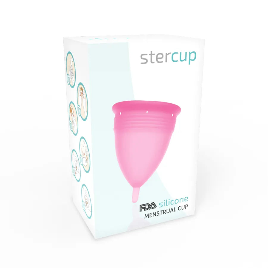 Coupe menstruelle rose en silicone hypoallergénique, taille L, sur boîte avec illustrations, écologique et réutilisable.