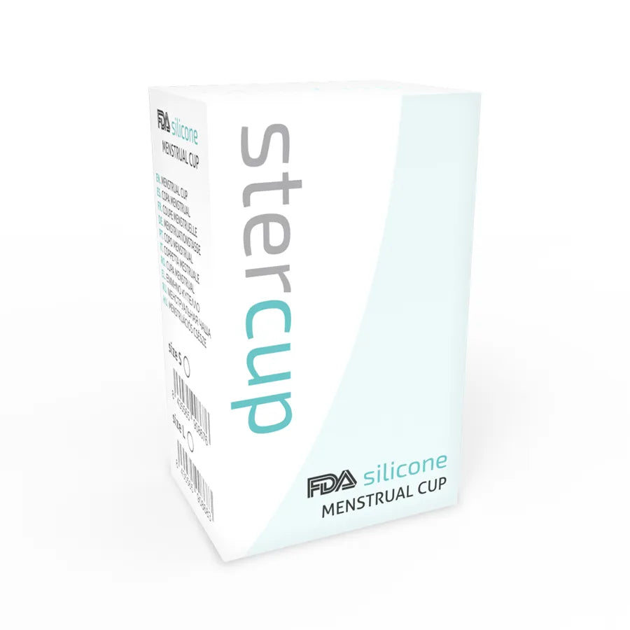 Coupe menstruelle silicone FDA, taille L, 24ml, hypoallergénique, écologique, emballage blanc et bleu.
