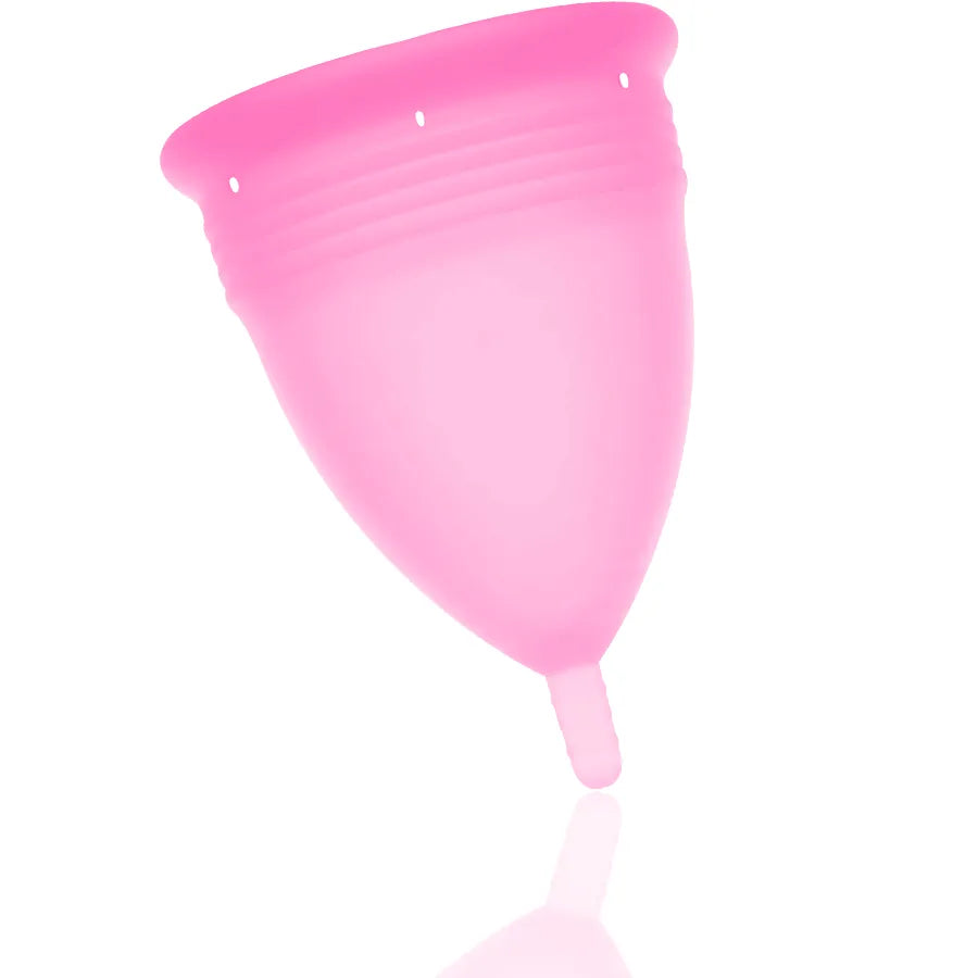 Coupe menstruelle rose en silicone hypoallergénique, taille L, capacité 24ml, réutilisable, écologique, vue de profil.