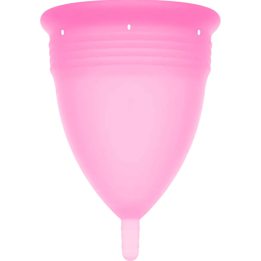 Coupe menstruelle rose en silicone hypoallergénique, taille L, capacité 24ml, écologique et réutilisable, vue de face.