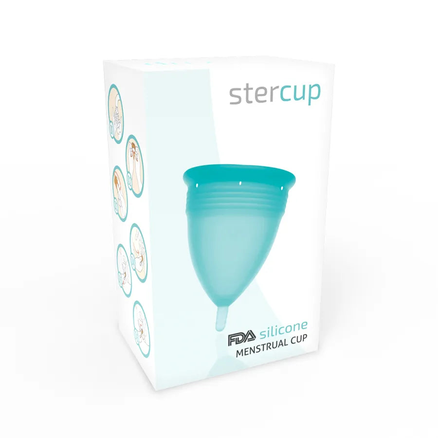 Coupe menstruelle silicone bleue sport écologique dans boîte, hypoallergénique, durable, pour femmes actives.