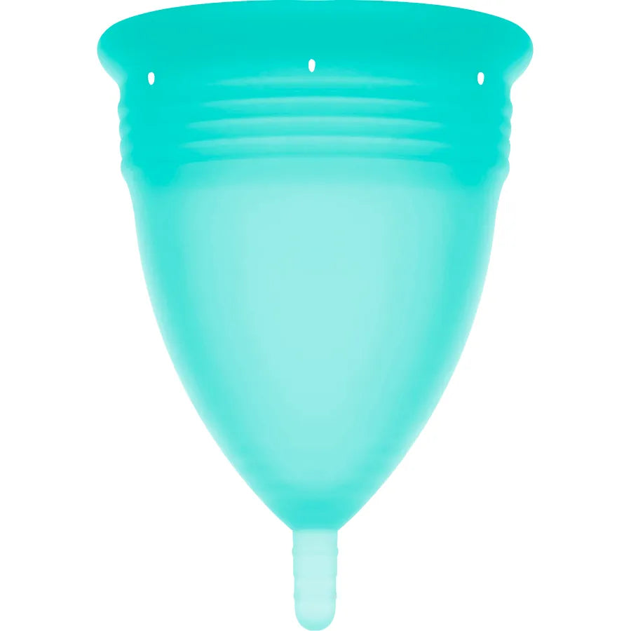 Coupe menstruelle en silicone bleu, forme ergonomique, capacité 24ml, idéale sport, hypoallergénique, réutilisable.