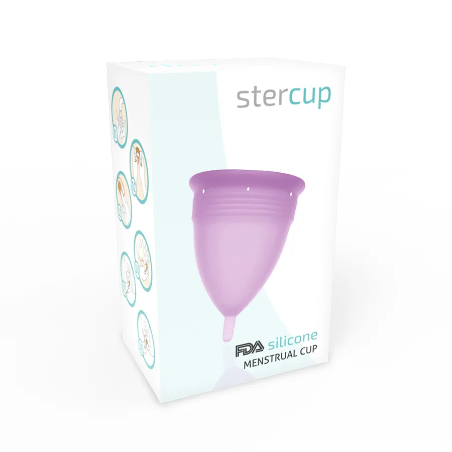 Coupe menstruelle violette en silicone FDA, hypoallergénique, sur fond blanc, dans une boîte illustrée.