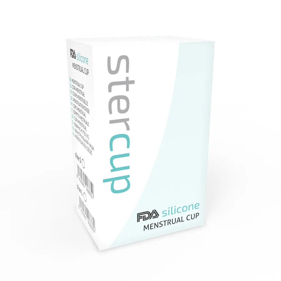 Boîte blanche de coupe menstruelle en silicone médical, marquée ster cup, approuvée FDA, pour usage sportif et confortable.