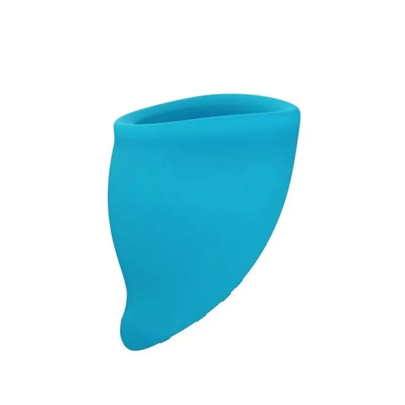 Coupe menstruelle bleue en silicone hypoallergénique, taille A, ergonomique et réutilisable pour flux léger.