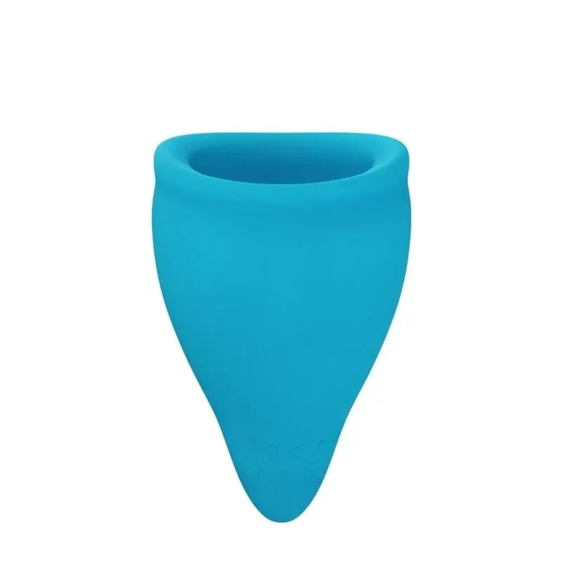 Coupe menstruelle bleue en silicone hypoallergénique, taille A, ergonomique, réutilisable et écologique.