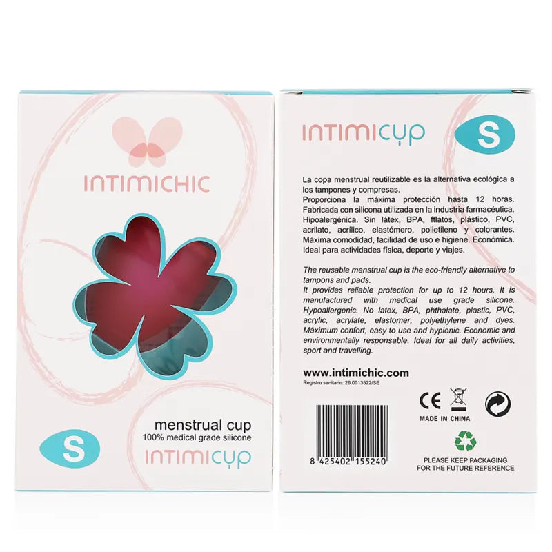 Coupe menstruelle silicone médical rose, forme tulipe, emballage Intimichic, taille S, écologique et réutilisable.