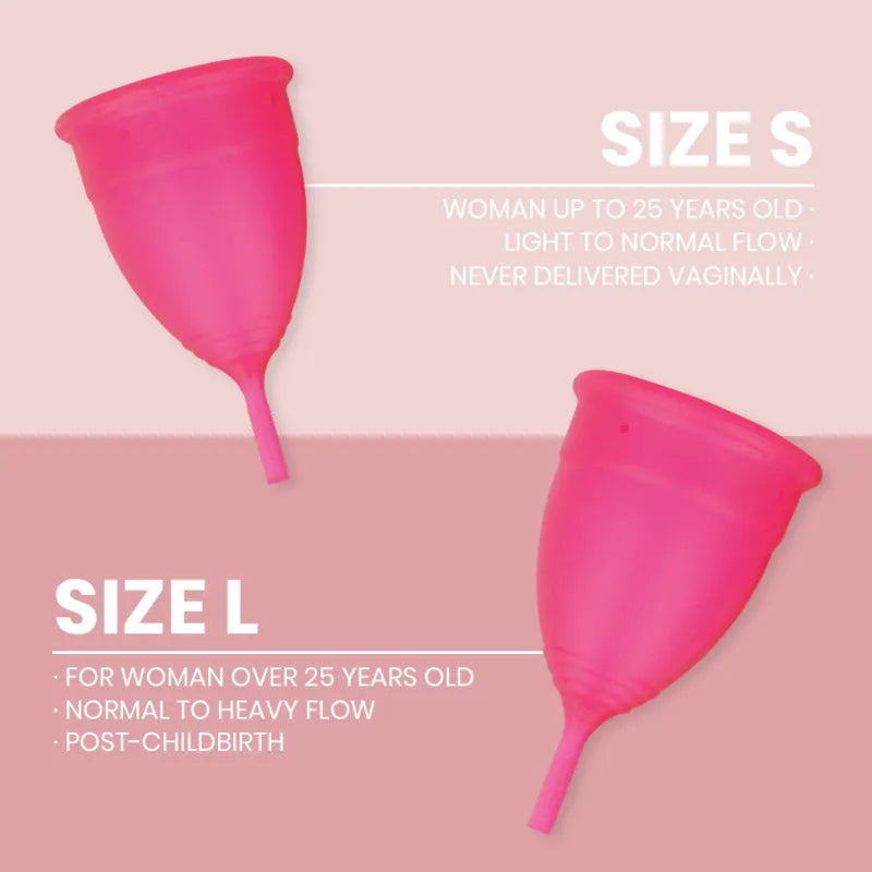 Coupe menstruelle rose silicone médical, tailles S et L, hypoallergénique, anti-fuite, pour sport et voyage.