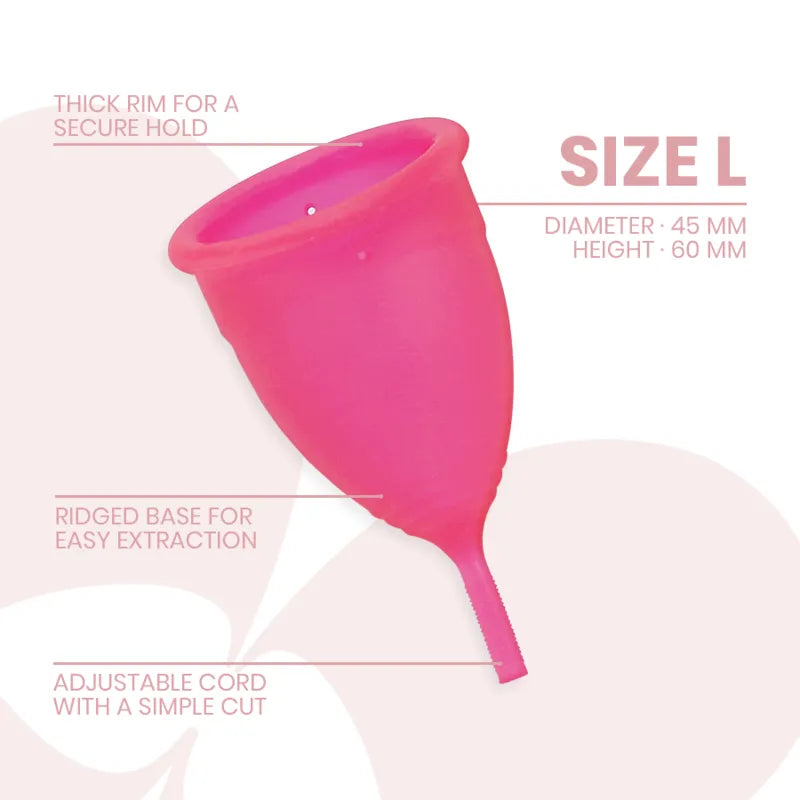 Coupe menstruelle rose silicone médical taille L, anti-fuite, durable, avec base nervurée et cordon ajustable.