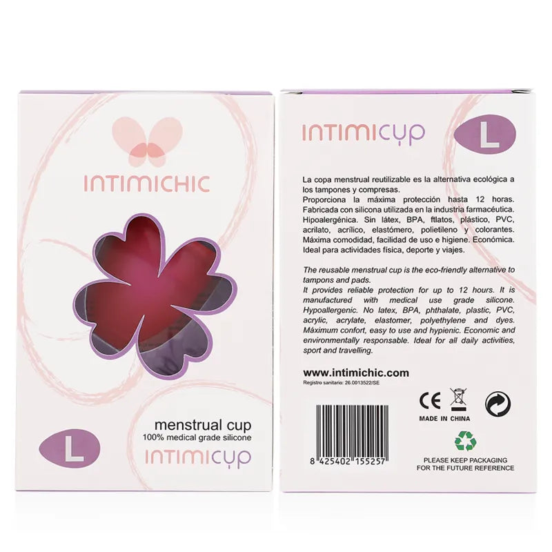 Coupe menstruelle rose en silicone médical, hypoallergénique, dans un emballage Intimichic avec texte explicatif.