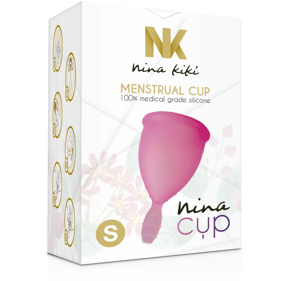 Coupe menstruelle rose en silicone médical dans une boîte blanche, éco-responsable, NINA CUP, taille S.