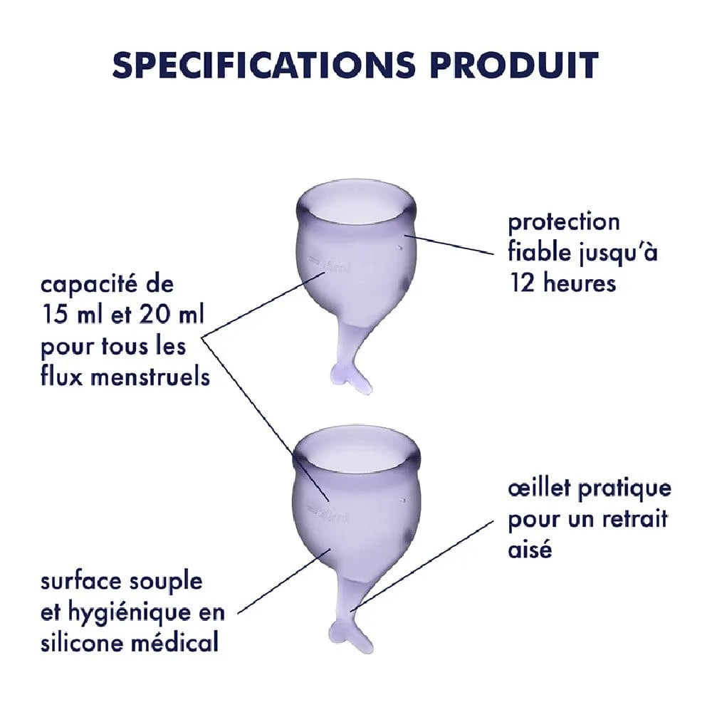 Coupes menstruelles lilas en silicone médical, deux tailles, capacité 15-20 ml, design ergonomique, écologiques et réutili...