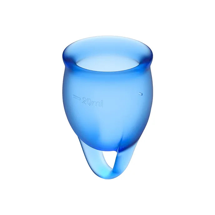 Coupes menstruelles en silicone médical bleu, réutilisables, écologiques, confortables, tailles ajustables, hygiéniques.