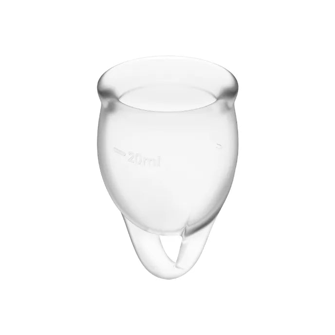 Coupes menstruelles en silicone médical transparent, forme ergonomique, tige amovible, capacité 20ml, réutilisable.