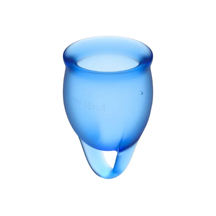 Coupes menstruelles bleues en silicone médical, réutilisables, ergonomiques, tailles ajustables, confortables et écologiques.