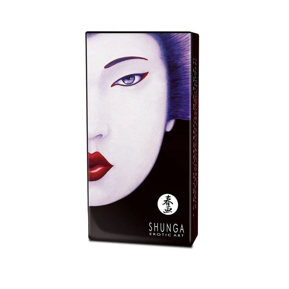 Crème stimulante clitoridienne intense, boîte noire avec illustration artistique féminine, texte Shunga Erotic Art.