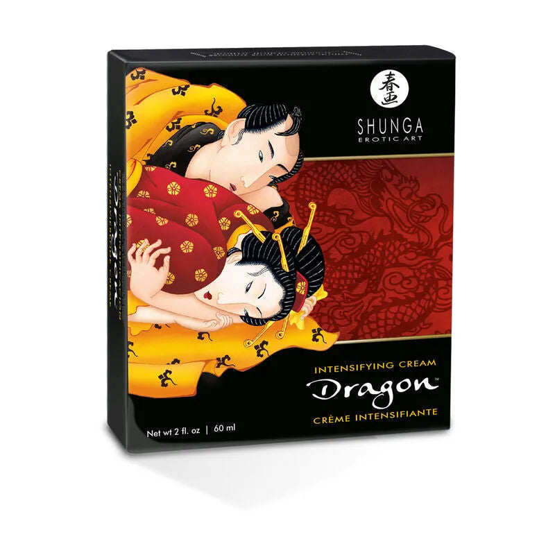 Crème virilité Shunga 60ml, boîte noire et rouge, illustration artistique, effet feu glace, compatible latex.
