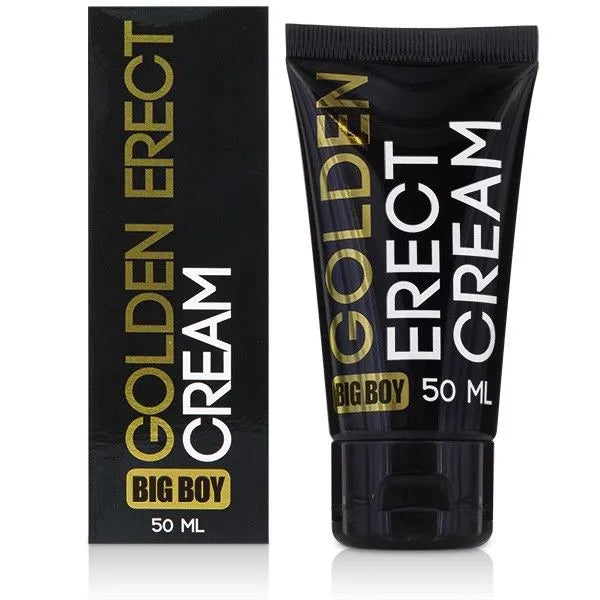 Crème érection naturelle, tube noir 50ml, texte doré, stimule circulation sanguine, plaisir durable, performance intime.