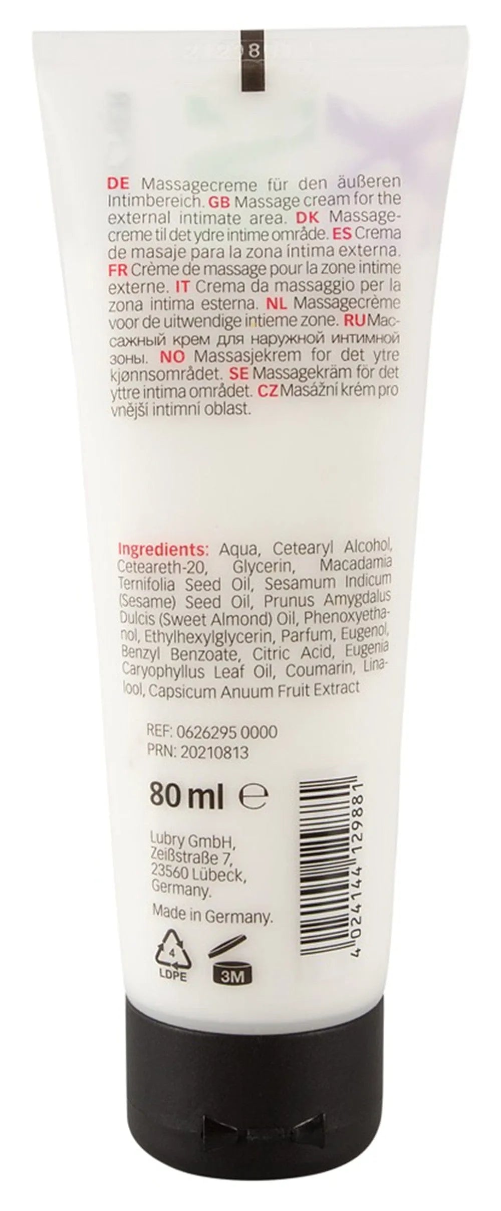 Crème stimulante intime 80ml, tube blanc avec huiles de macadamia, sésame, amande, extrait paprika, clous de girofle.