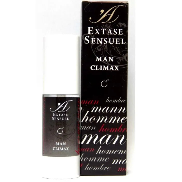 Crème stimulante Extase Sensuel, flacon blanc et noir, design élégant, format voyage, sensations chaud froid, couple.