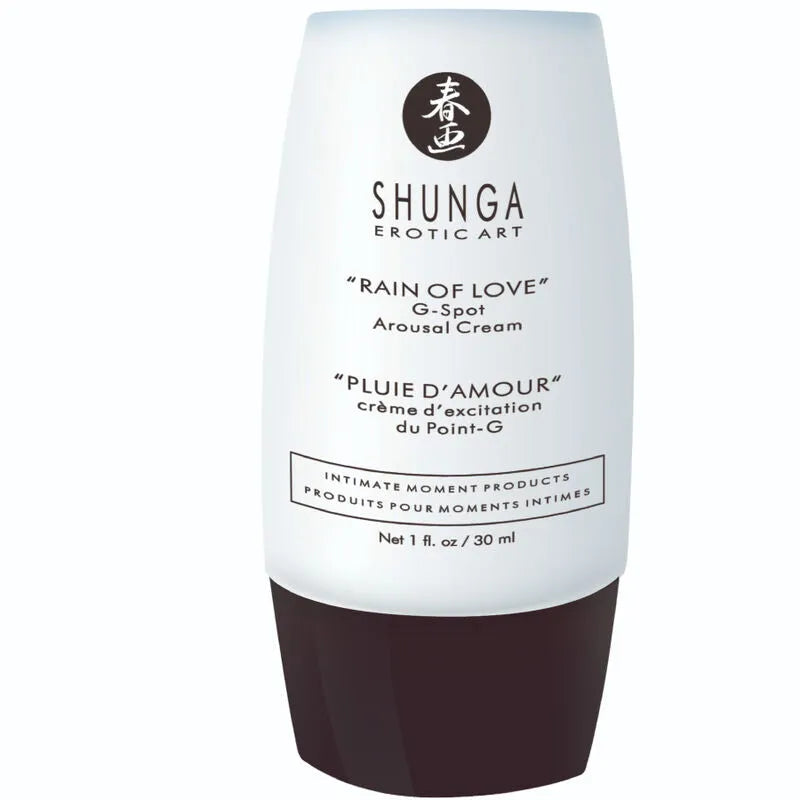 Flacon blanc de 30ml de crème stimulante point G Shunga, design élégant, texte noir, compatible latex, pour sensations int...