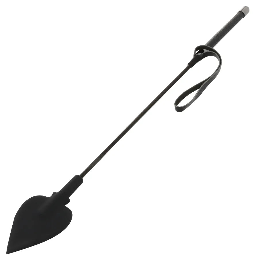 Cravache BDSM 60 cm en cuir noir avec pointe en silicone, manche ergonomique, accessoire fétichiste pour jeux de domination.