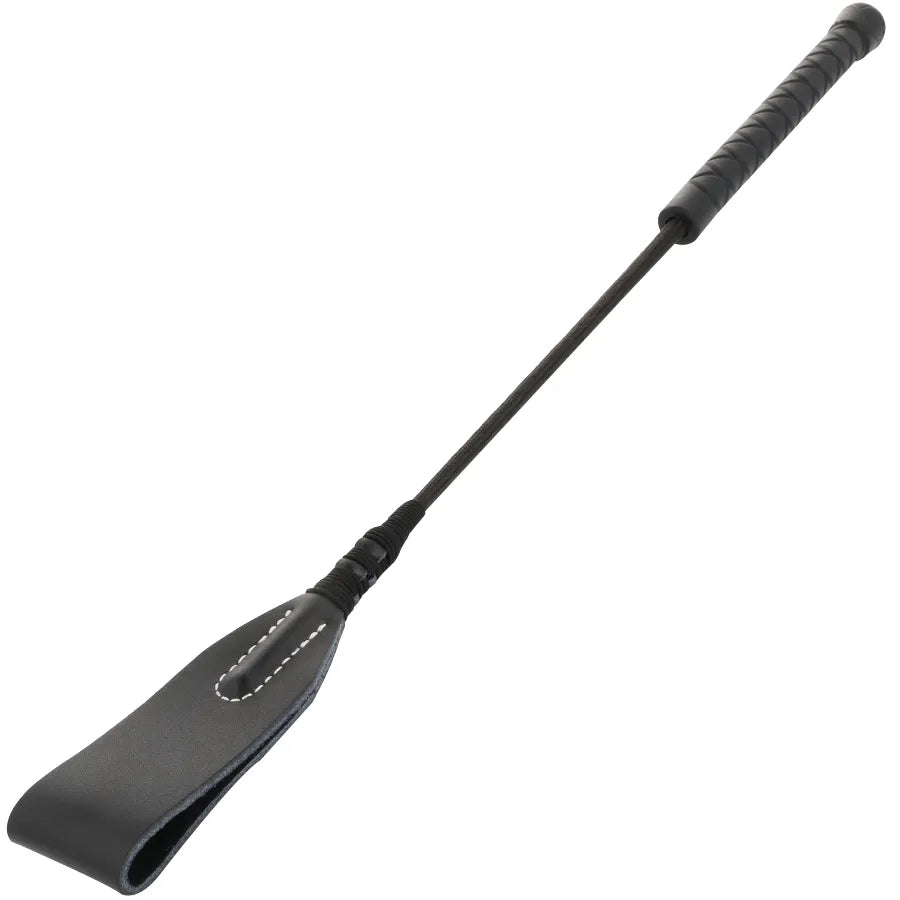 Cravache BDSM noire en PVC flexible 45cm, pointe souple, manche ergonomique, design satiné pour jeux intimes.