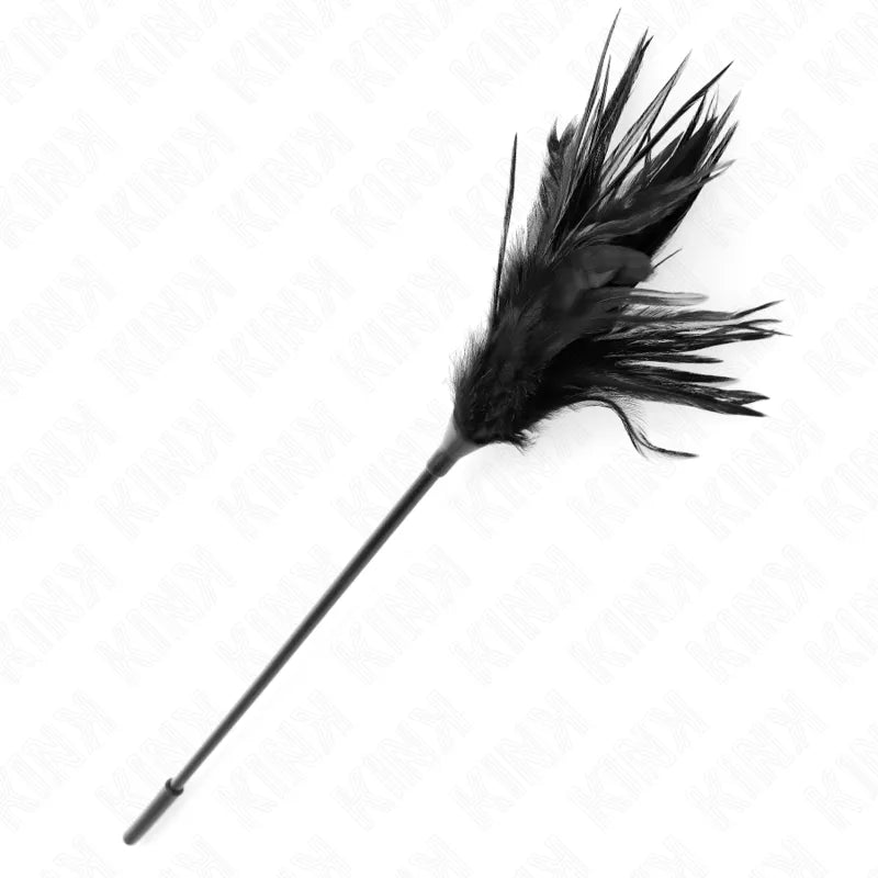 Cravache en cuir noir ergonomique avec poignée raffinée, plumes élégantes, idéale pour précision et contrôle en BDSM.