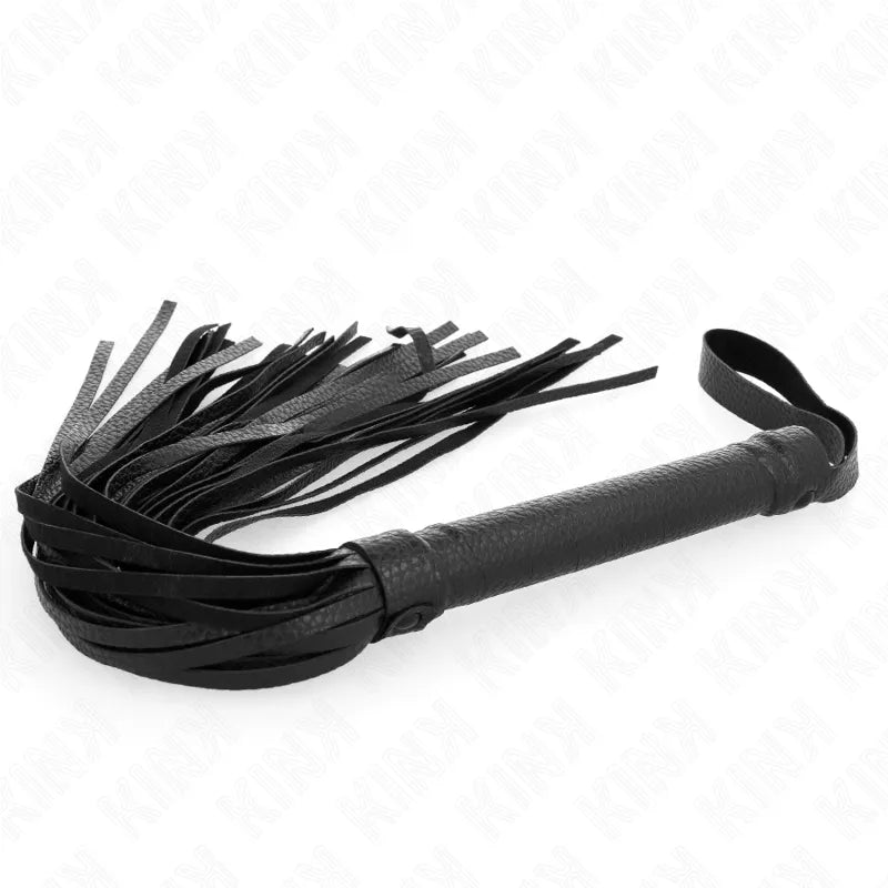 Cravache noire en cuir avec lanières, design ergonomique, pour BDSM, domination et soumission, haute qualité KINK.