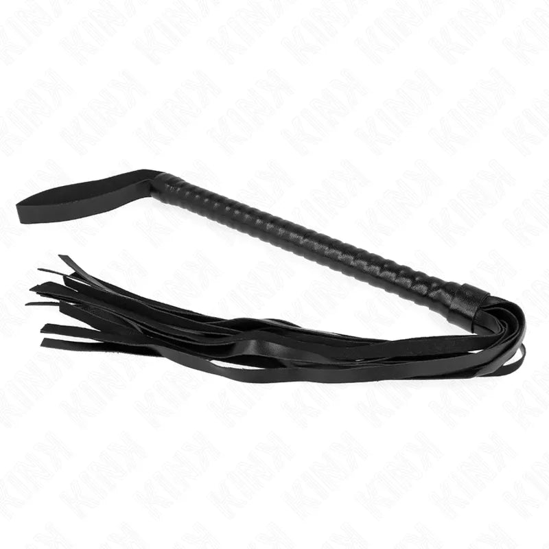 Cravache BDSM noire en cuir haute qualité, design élégant avec poignée tressée et lanières souples pour plaisir sensoriel.