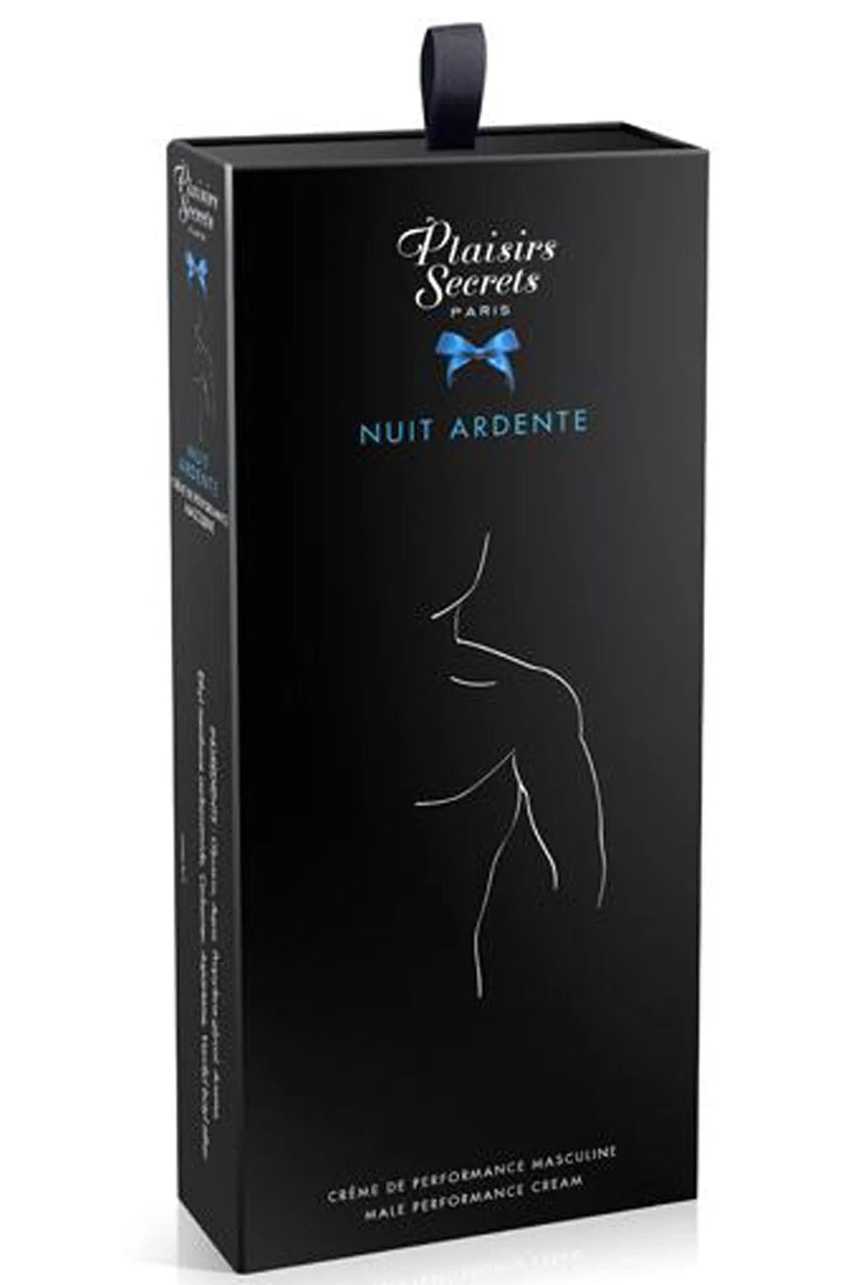 Crème nuit ardente stimulante masculine 60ml, boîte noire élégante, texte bleu, silhouette masculine, fabrication française.