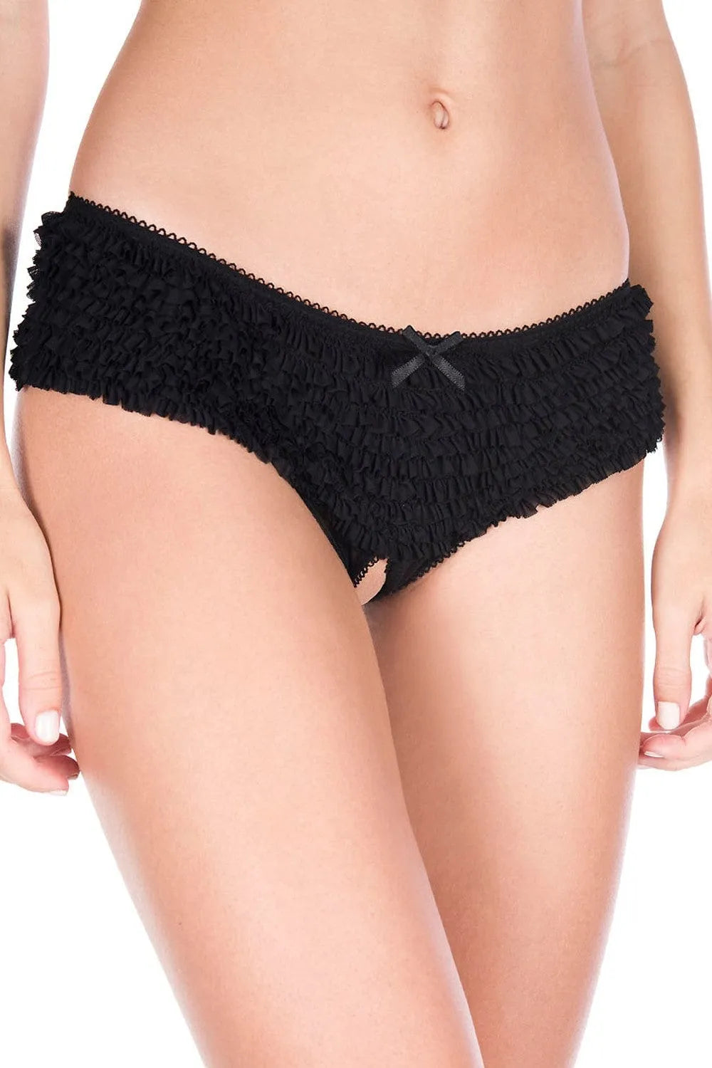 Culotte noire en mousseline, coupe flatteuse, entrejambe ouvert, élastique et confortable, style féminin et sensuel.