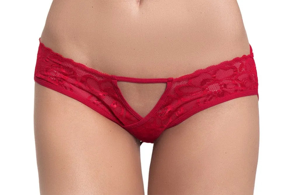 Culotte dentelle rouge ajourée, lanières croisées arrière, noeud satiné, style glamour et sensuel, tissu extensible.