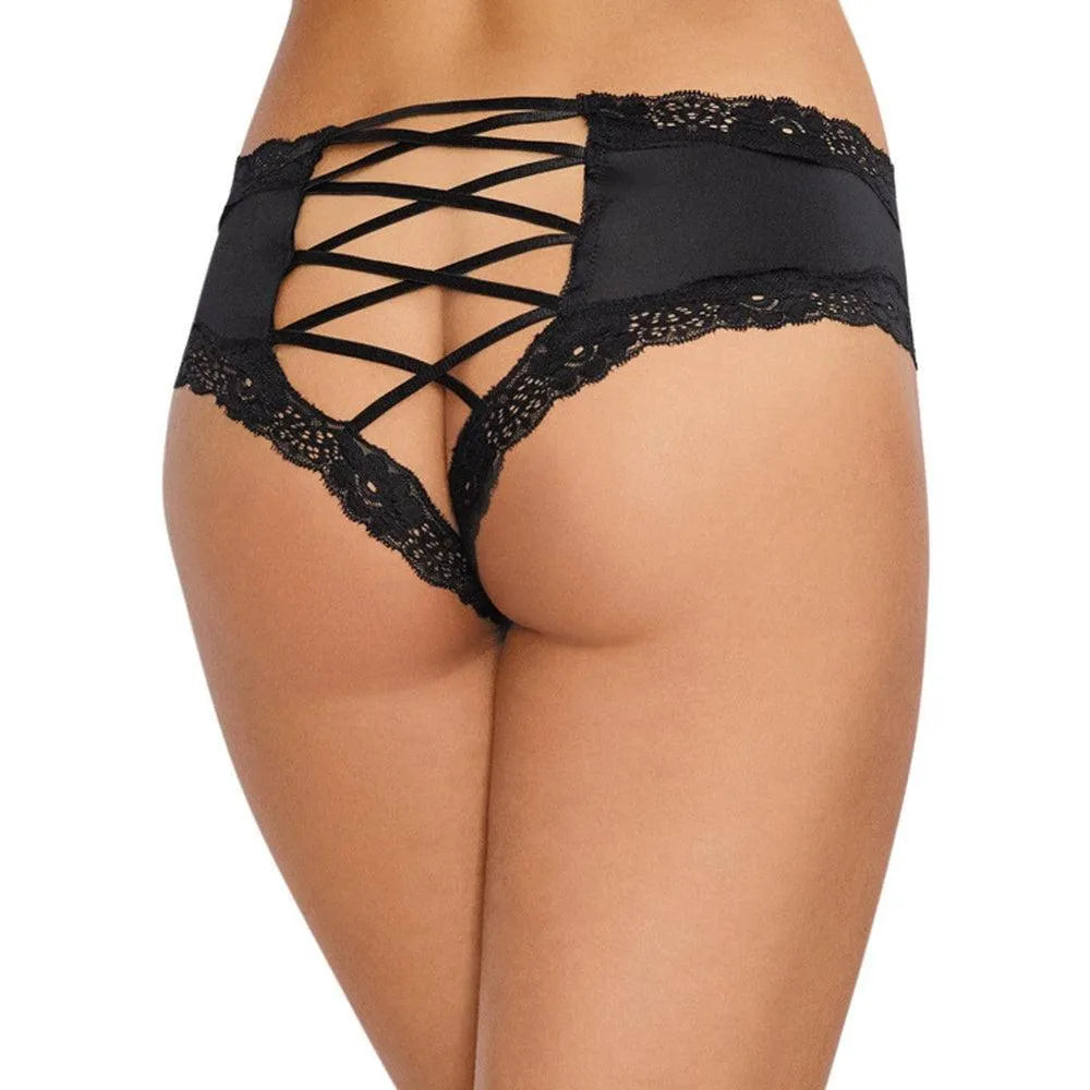 culotte dentelle noire tanga satiné doux bordures ajourées fesses croisement ornements polyester elasthanne extensible confortable sexy