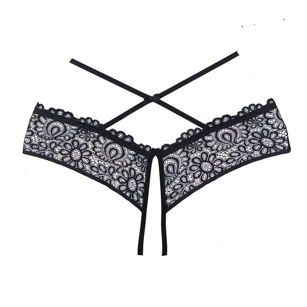 Culotte dentelle noire ouverte, lanières croisées, élégance audacieuse, sensualité, collection charme intemporel.