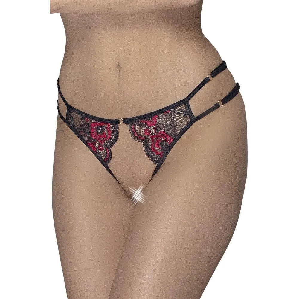 culotte dentelle ouverte entrejambe florale bicolore rouge noire fine transparente lanières réglables côtés polyamide élasthanne Cottelli