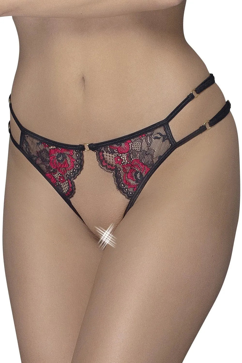 Culotte dentelle ouverte rouge noire, lanières réglables, florale, transparente, Cottelli, sexy, élégante, ajustable.