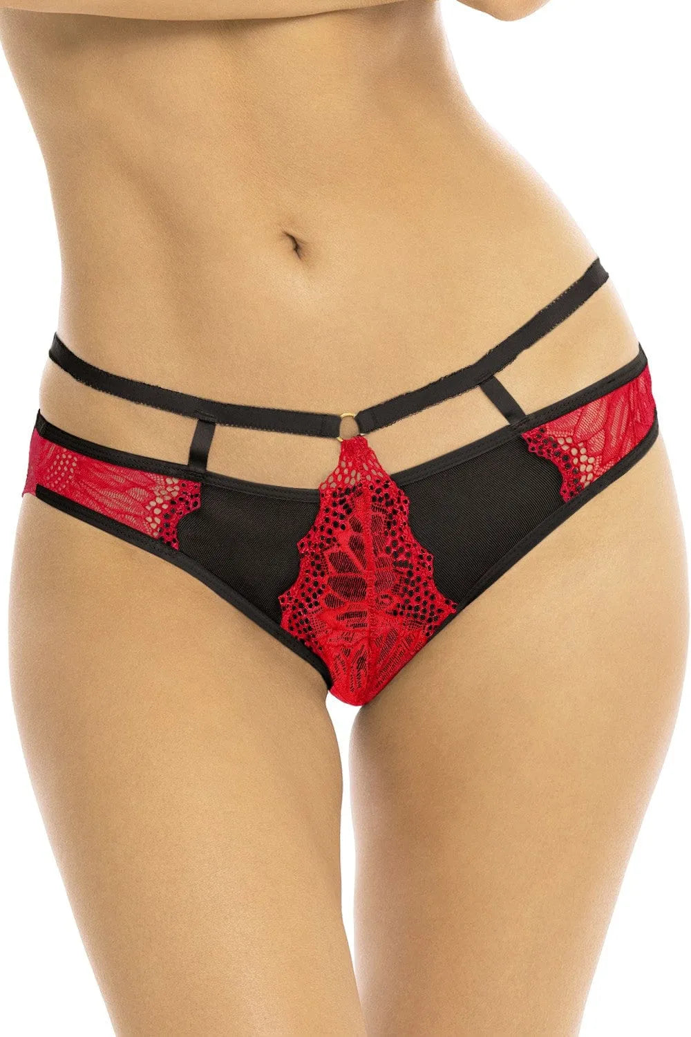 culotte dentelle rouge noire séduisante René Rofé lanière taille arrière ouvert florale ajustable confortable élasthanne nylon féminine sensuelle