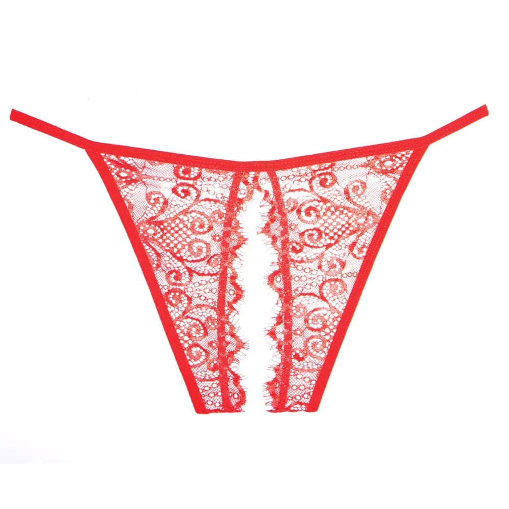 Culotte rouge dentelle ouverte, design provocant et romantique, polyester extensible, confortable et sensuel.