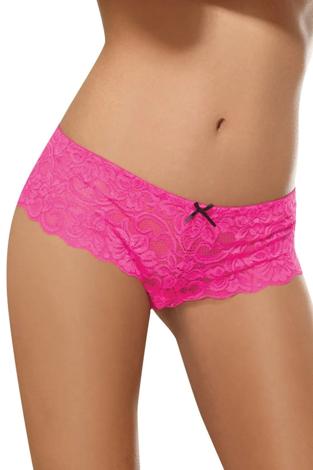 Culotte dentelle rose avec noeud noir, taille élastique, coupe courte, élégante et confortable, nylon et élasthanne.