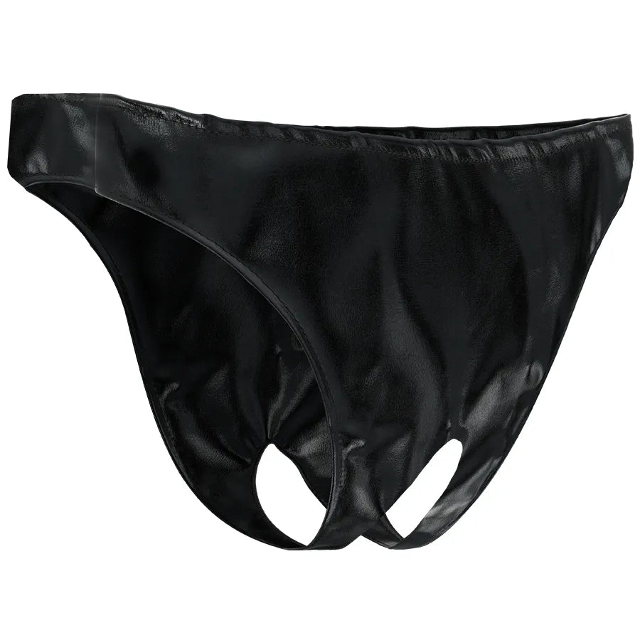 Culotte fétichiste unisexe noire, matériaux résistants, ouverture pratique, style sensuel, taille unique ajustable.