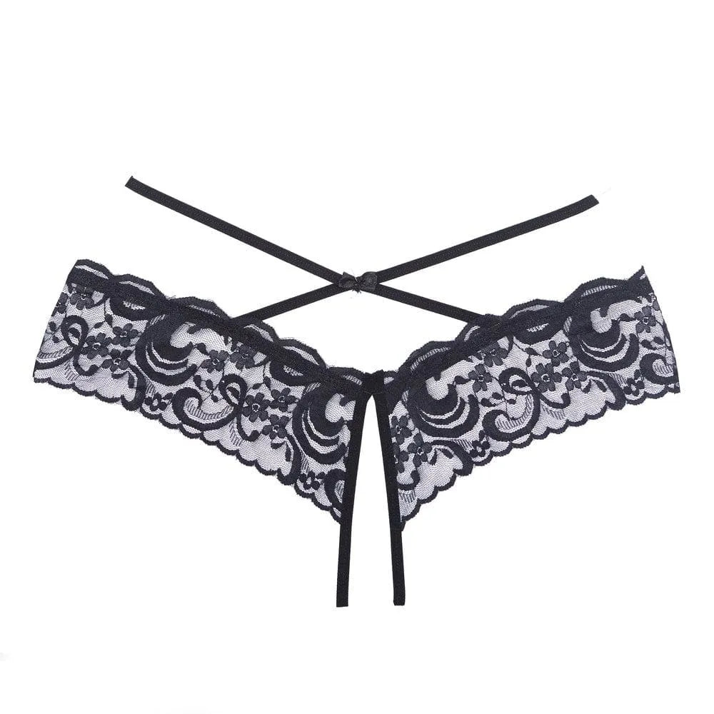 Culotte dentelle noire ouverte, lanières croisées, design transparent, taille sculptée, élasthanne polyester.