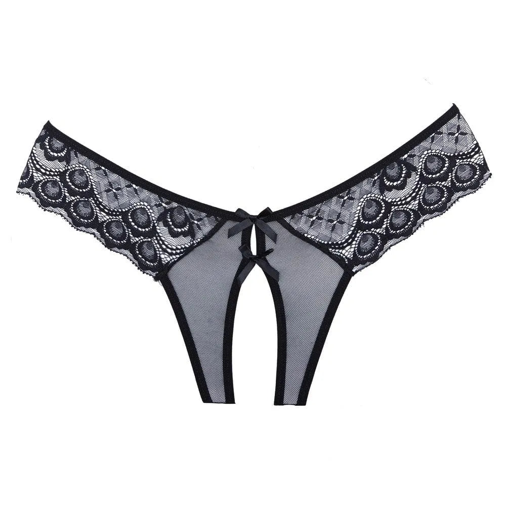 Culotte noire en dentelle ouverte avec nœud avant, design élégant et audacieux, lanières séduisantes, polyester élasthanne.