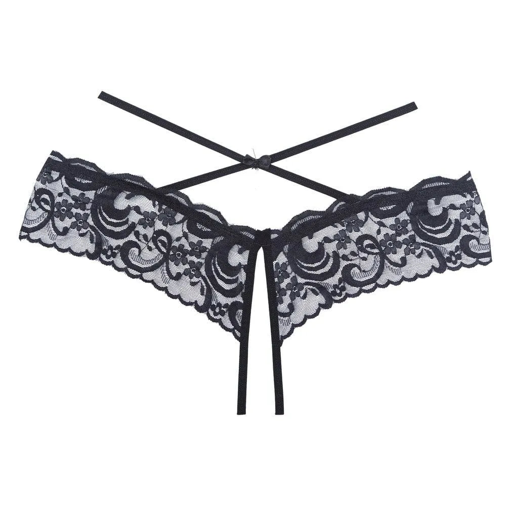 Culotte noire dentelle ouverte, lanières croisées, transparente, taille sculptée, élasthanne polyester, lingerie audacieuse.