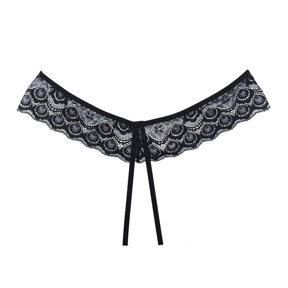 Culotte noire en dentelle ouverte avec nœud avant, design élégant et audacieux, lanières séduisantes, polyester élasthanne.