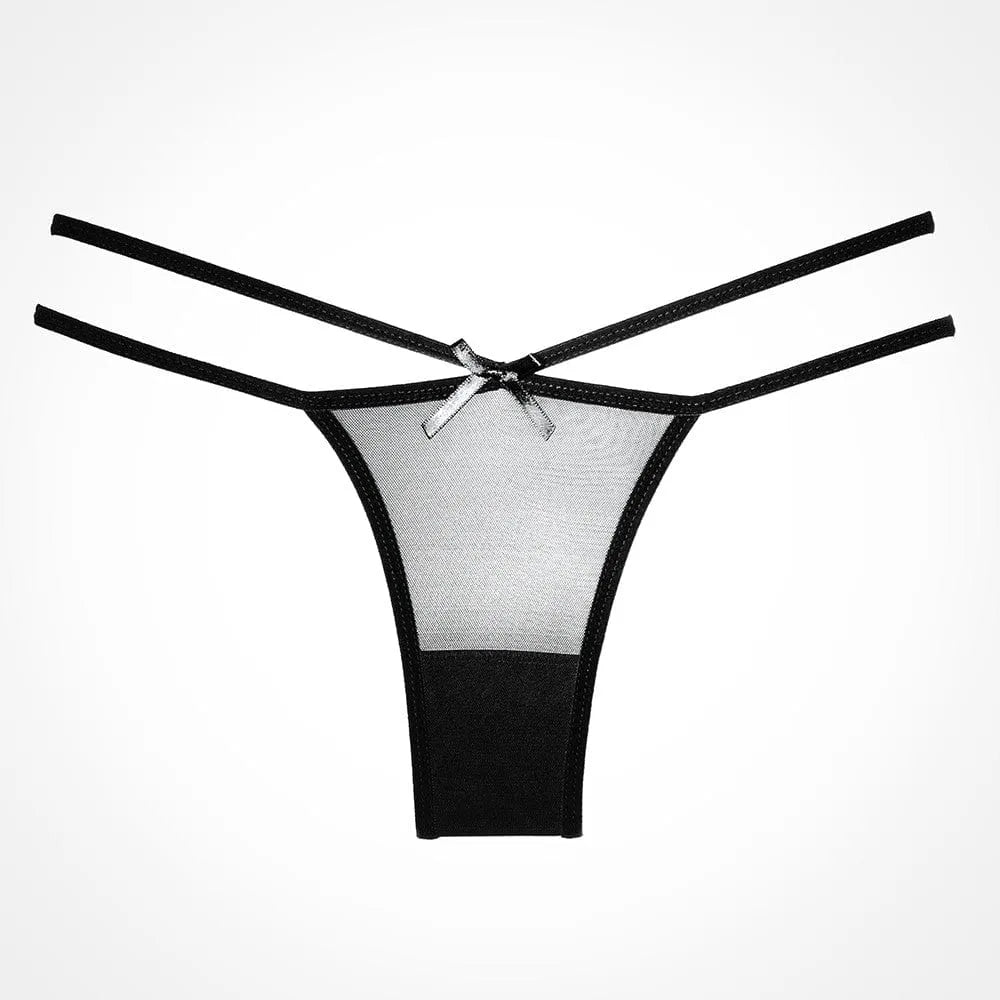 Culotte noire transparente en résille avec lanières fines, nœud satiné arrière, style séduisant et glamour.