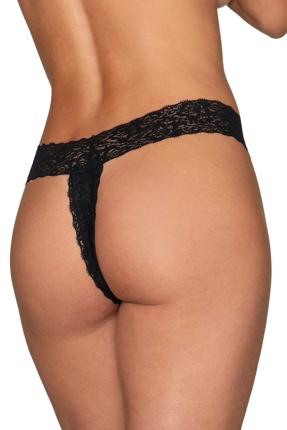 Culotte ouverte noire en dentelle extensible, ceinture élastique, entrejambe ajustable, style sexy et féminin.