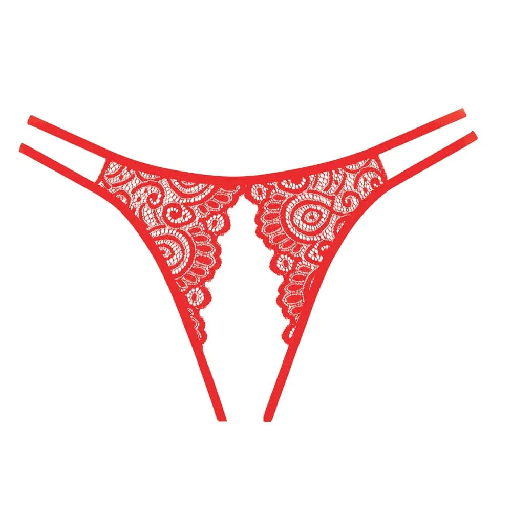Culotte ouverte en dentelle rouge, entrejambe festonné, lanières doubles, design chic et sensuel, polyester élasthanne.